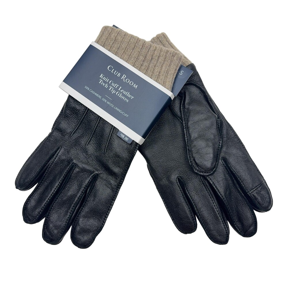 Club Room Knit Cuff Leather Tech Tip Gloves Mens S Black Cashmere Wool NWT